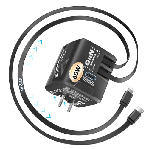 W & O 60W GaN Fast Charger Wall Plug, Built-in Retractable USB-C & L Cables - color: Black