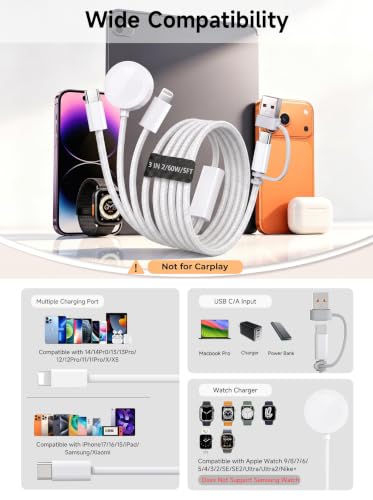 【60W 5FT】for Apple Watch Charger Fast Charging, 3-in-2 Multi Charging Cable, Nylon Braided USB C/L iWatch Charger Cord for iWatch Series Ultra 3/2/SE/11/10/9/8/7/6/5, iPhone 17 15 16 Pro Max/14/13/12