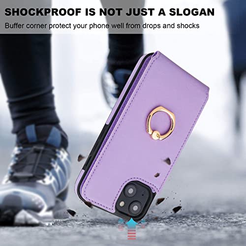 Folosu Compatible with iPhone 14 Plus Case Wallet with Card Holder, 360°Rotation Finger Ring Holder Kickstand, RFID Blocking Leather Protective Double Buttons Shockproof Cover 6.7 Inch Purple - color: Purple, size: iPhone 14 Plus