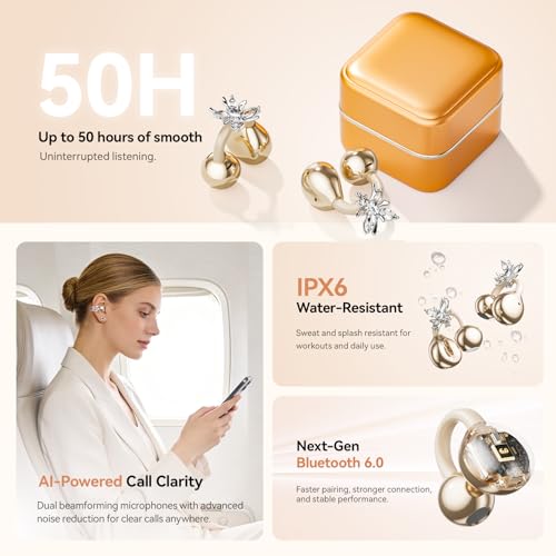 Clip On Earbuds with Detachable Butterfly Earrings & LED Makeup Mirror Case, Wireless Earbuds Bluetooth 6.0, Air Conduction Headphones, Lightweight for Travel Work Daily Use,Great Gift Choice - color: Sunset Gold