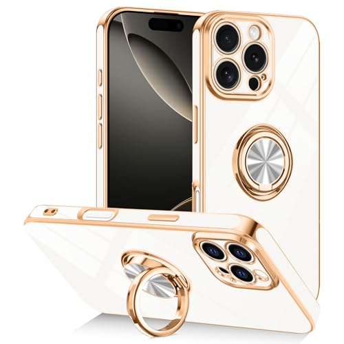 Designed for iPhone 16 Pro Case with Ring Stand Slim White | 360° Rotatable Finger Holder, Support Magnetic Car Mount, Soft TPU Electroplated, Full Lens Protection, Shockproof Phone Case - color: White, size: 6.3'' iPhone 16 Pro