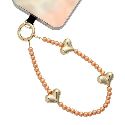 Phone Wrist Strap Pearl Beaded Chain Wristlet Gold Heart Charms - color: Orange