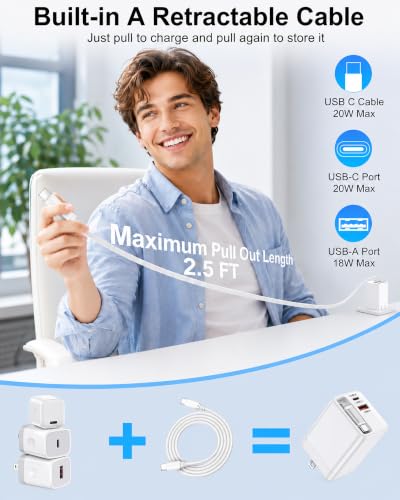 35w Retractable iPhone Wall Charger USB C, 3-in-1 Fast Charging Block - color: Retractable Wall Charger-Black