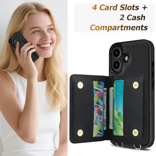 LOHASIC iPhone 17 Case Wallet for Women, Detachable & Adjustable Crossbody Strap with Wrist Strap, 4 Card Slots & 2 Cash Slots, RFID Blocking Phone Case Wallet Built-in Kickstand, Black - color: Black, size: iPhone 17