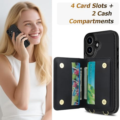 LOHASIC iPhone 17 Case Wallet for Women, Detachable & Adjustable Crossbody Strap with Wrist Strap, 4 Card Slots & 2 Cash Slots, RFID Blocking Phone Case Wallet Built-in Kickstand, Black - color: Black, size: iPhone 17
