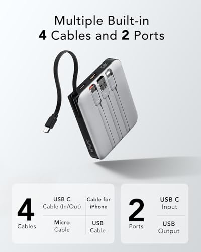 VRURC Portable Charger with Built-in Cables, 10000mAh 22.5W Fast Charging - color: Grey
