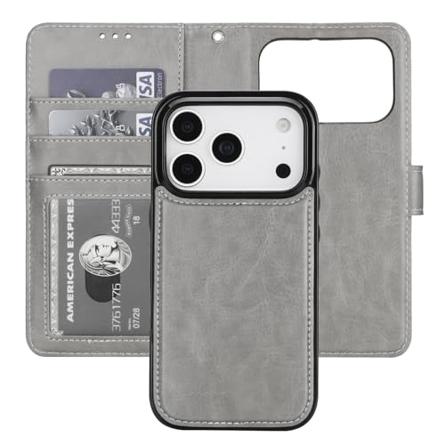 Bocasal Detachable Wallet Case Card Holder for iPhone 17 Pro, Grey | RFID Blocking Kickstand Card Slots Holder PU Leather Magnetic Shockproof Wrist Strap Removable Flip Protective Cover 6.3 inch - color: Gray