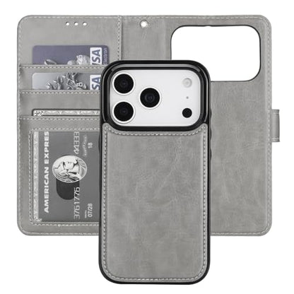 Bocasal Detachable Wallet Case Card Holder for iPhone 17 Pro, Grey | RFID Blocking Kickstand Card Slots Holder PU Leather Magnetic Shockproof Wrist Strap Removable Flip Protective Cover 6.3 inch - color: Gray