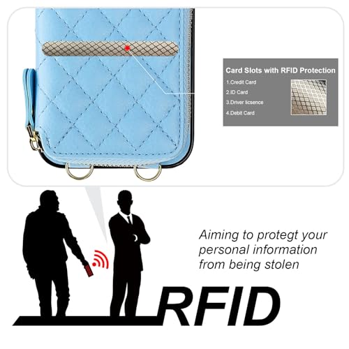 Bocasal Crossbody Wallet Case Card Holder for iPhone 13, Light Blue | RFID Blocking PU Leather Zipper Handbag Purse, Kickstand Flip Folio Case with Card Slots Holder Wrist Strap Lanyard 6.1 Inch - color: Blue