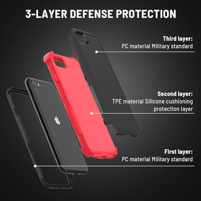 X-belmox Heavy Duty Phone Case for iPhone SE 2022 (3rd Gen) with Glass Screen Protector, 3 in 1 iPhone SE 2020 Case [Shockproof] Rugged Protective [Drop Proof] iPhone 7/8 case 4.7" - Black/Red - color: Black/Red