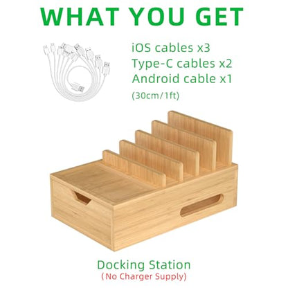 Bamboo Multi Device Charging Station Organizer with Drawer & Tray, Desk Docking Station Includes 6 Cables for iPhone, Cell Phones, Tablets, Power Banks for Home Office Nightstand (No USB Charger)