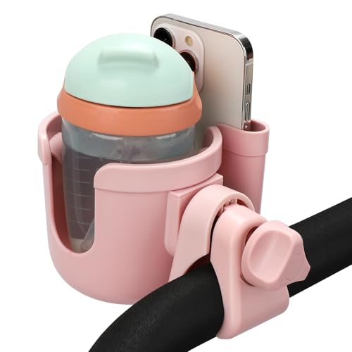 Accmor Stroller Cup Holder with Phone Holder, Bike Cup Holder, Universal Cup Holder for Uppababy Nuna Strollers, 2-in-1 Drinks Holder for Walker, Wheelchair, Scooter - color: All Light Pink