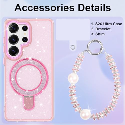 WATACHE for Samsung Galaxy S26 Ultra Case, Glitter Sparkle Bling Heavy Duty Shockproof Protective Phone Case with Kickstand, Anti-Scratch Clear Pink Cover - color: Clear Pink, size: s26 ultra case