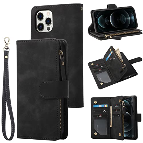 RANYOK Wallet Case Compatible with iPhone 13 Pro Max (6.7 inch), Premium PU Leather Zipper Flip Folio RFID Blocking Wallet with Wrist Strap Magnetic Closure Built-in Kickstand Protective Case (Black) - color: Black