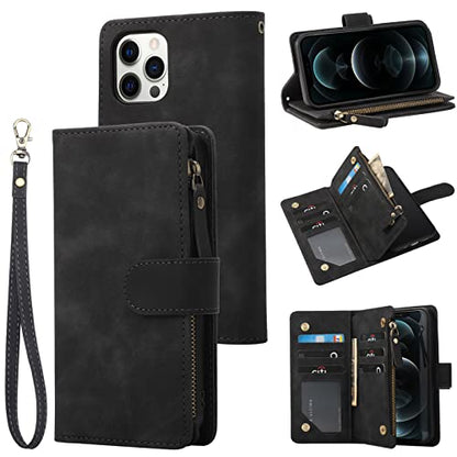 RANYOK Wallet Case Compatible with iPhone 13 Pro Max (6.7 inch), Premium PU Leather Zipper Flip Folio RFID Blocking Wallet with Wrist Strap Magnetic Closure Built-in Kickstand Protective Case (Black) - color: Black