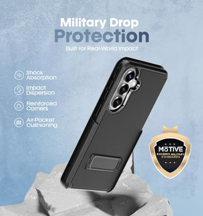 MOTIVE for Samsung Galaxy S26 Case with Belt Clip and Stand | 6.3" | Case & Holster, MagSafe compatible, built-in Kickstand Horizontal, 360° rotating belt clip, slim low-profile fit - size: s26