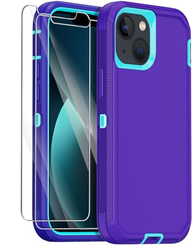 for iPhone 13 Case with 2 Screen Protector,Shockproof Drop Protection Full Body Heavy Duty 3 Layer Military Rugged Durable Phone Cover for Apple iPhone 13 6.1" (Purple) - color: Purple
