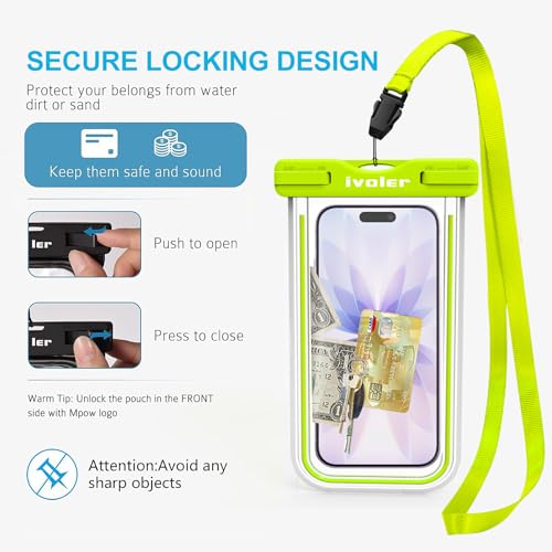 ivoler 2-Pack Waterproof Phone Pouch, Cell Phone Dry Bag for iPhone 17/16/15 Pro Max, Samsung S26/S25 Ultra, Waterproof Phone Case for Beach, Cruise Essentials & Travel, [Fit Up to 7''] - color: Neon Green & Neon Rose Red