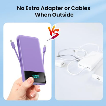 Portable Charger with Built-in AC Plug and Cables,13800mAh All in One USB C Fast Charging Power Bank,Travel Essentials Portable Phone Charger Battery Pack for iPhone 17/16/15/13,Galaxy,Android-Purple - color: Purple