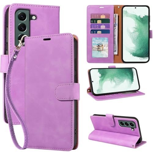 Wallet Case for Galaxy S22, RFID Blocking, 4 Card Slots, Purple | For Samsung Galaxy S22 6.1 inch, PU Leather Flip Cover, Protective TPU Shell, Magnetic Closure, Stand, Wrist Strap - color: Purple
