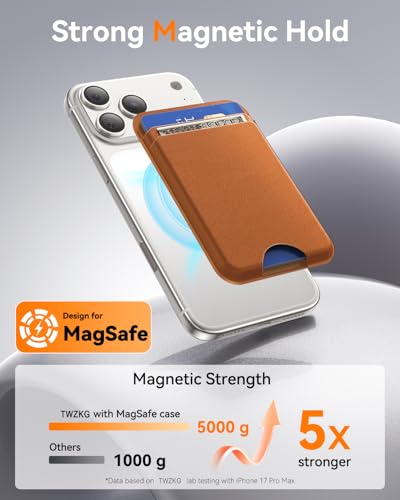 TWZKG for MagSafe Wallet, Works with Apple Find My,5 Card Holder, Slim Magnetic Phone Wallet for iPhone 17/16/15/14/13/12 Pro Max Plus Air, RFID Blocking Vegan Leather,Brown - color: Findmy Brown