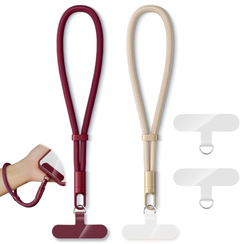 KITANIS 2 Pack Phone Lanyard,2×Phone Wrist Strap,4×Tether Tabs,Universal Cell Phone Multifuctional Patch Polyester Lanyards,Cell Phone Hand Strap for Women and Men(wine+light camel) - color: Wine+light Camel, size: 6.3''Wrist Strap