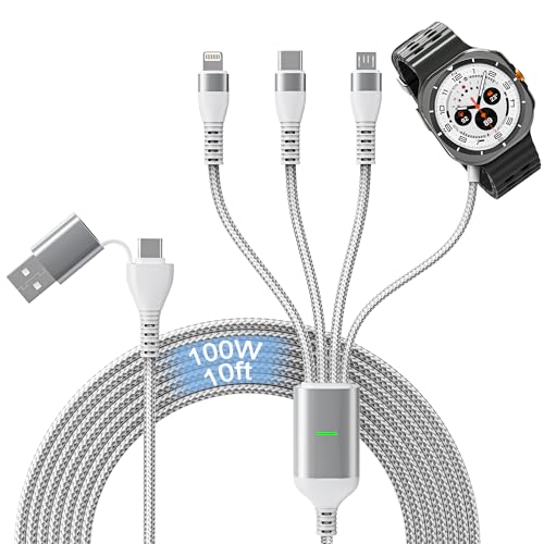 100W Multi Charger Cable for Samsung Galaxy Watch Ultra/Classic/8/7/6/5-4-in-1 10ft Galaxy Watch Charger Multi Charging Cable with USB C, Lightning & Micro USB for Samsung Watch and Multiple Devices