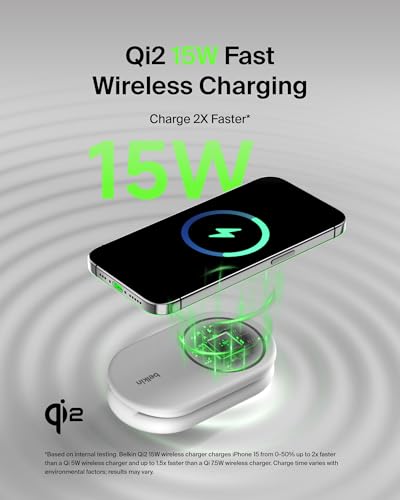 Belkin Qi2 15W Magnetic Wireless Charger, 2 in 1 Foldable, Non-Slip - color: White