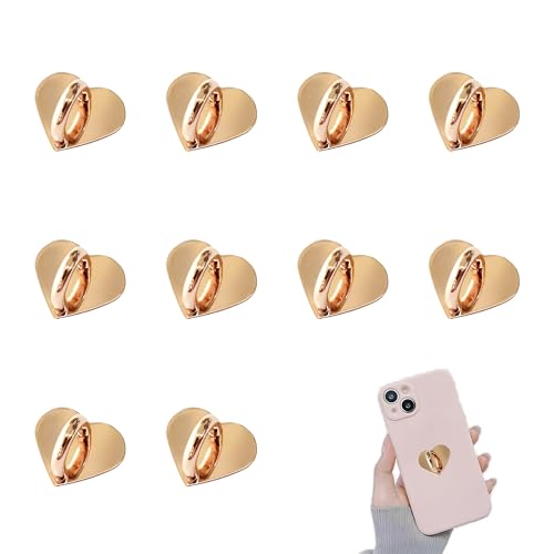 10Pcs Heart Phone Ring Holder, Adhesive Metal Finger Grip Loop Stand and Charm Hook for Cell Phone, Tablet, DIY Case, Cute Universal Keychain Ring for Hanging Accessories (Rose Gold)