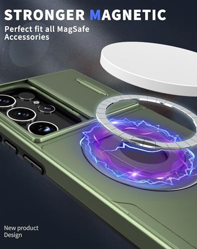 ANNGELAS for Samsung Galaxy S23 Ultra Mag Safe Kickstand Case with Slide Camera Cover,Slim Shockproof Military Heavy Duty Anti Drop Full Body Protection,360 Rotating Stand Magnetic Phone Case(Green) - color: Magnetic Stand Green
