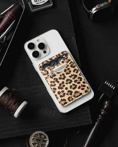 VULKIT Stick on Card Holder Compatible for iphone Leather Cell Phone Wallet Credit Card Case Strong Sticker for Women - color: Leopard Chic