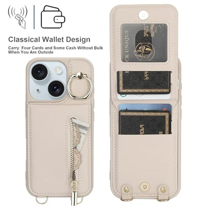 Crossbody Wallet Case for iPhone 11, with Card Slots Zipper Pocket Case, Flip Folio Purse RFID Blocking with Ring Kickstand Detachable Strap-Beige - color: Beige, size: iPhone 11(6.1")
