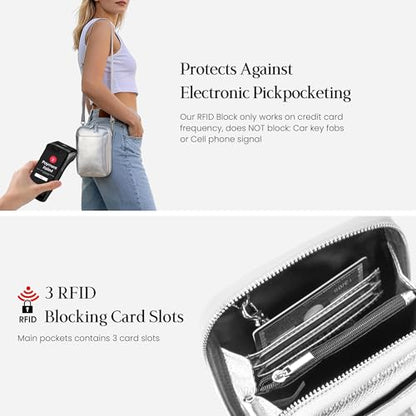 befen Genuine Leather Crossbody Cell Phone Purse for Women, Small Zip Around RFID Blocking Crossbody Wallet Bags - color: Silver