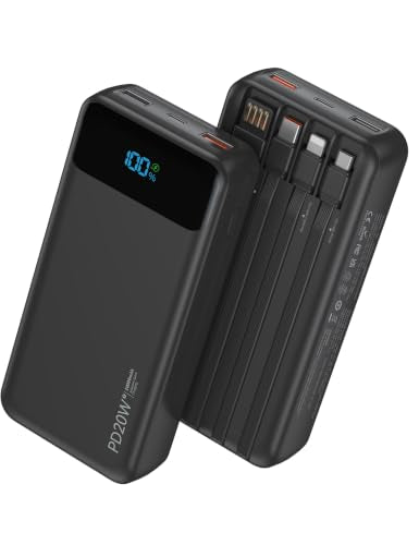 Nusyddy Portable Charger 20000mAh with 4 Built-in Cables & 6 Outputs Black - color: Ebony