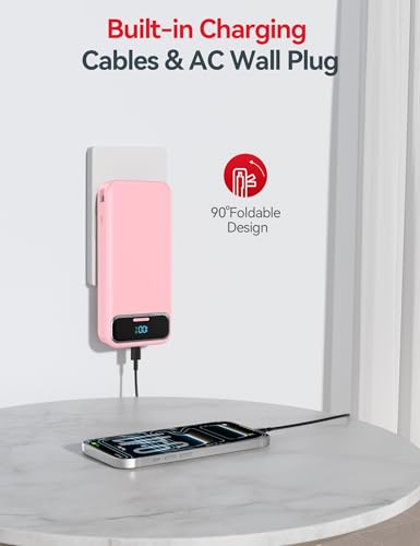 aonidi Portable Charger 20000mAh with Built-in Cables&AC Wall Plug, Pink - color: Light Pink