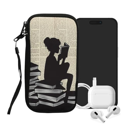 kwmobile Neoprene Sleeve for Smartphone Size XXL - 7" - Shock Absorbing Pouch Case - Protective Phone Bag - Girl and Books Black/Beige - style: Girl and Books 01-11