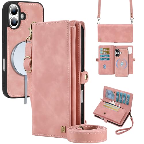 for Wallet Case Compatible with iPhone 17,Multi-Function Detachable 2 in 1 Magnetic iPhone 17 Case Wallet,Flip Strap Zipper Card Holder Phone Case with Shoulder Straps (Pink) - color: Pink, size: iPhone 17