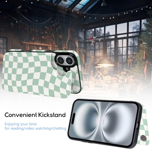 Compatible with iPhone 16 Case Wallet with Card Holder, Flip PU Leather Built-in Card Slots, Kickstand and Shockproof Case for iPhone 16 6.1 inch (Green Checkerboard) - color: Green Checkerboard, size: iPhone 16 6.1 inch