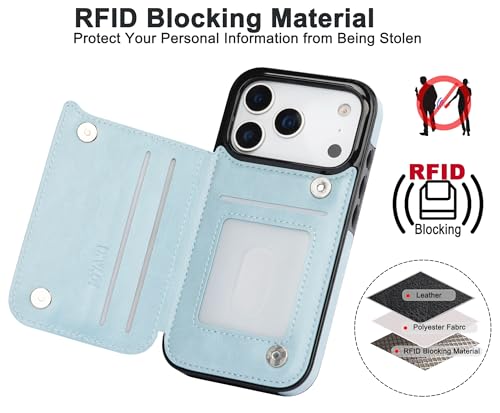 for iPhone 17 Pro Max Wallet Case with Screen Protector, Slim PU Leather Protective Case with Card Holder[RFID Blocking] Kickstand Cover 6.9“-Ice Blue - color: Ice Blue
