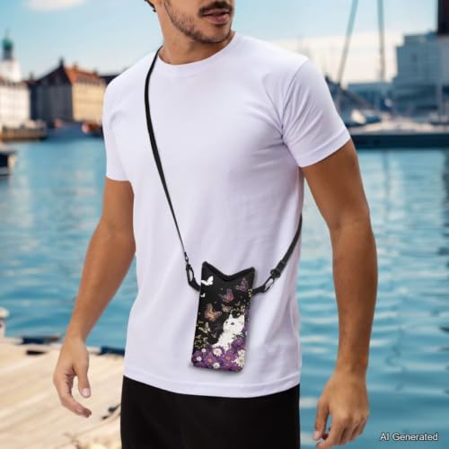 Mini Cell Phone Crossbody Bag Neoprene Smartphone Wallet Bag Shockproof and Waterproof Compatible with Most Smartphones for Traveling, Beach, Cute Cat Butterfly Violet Daisy Black - color: Cute Cat Butterfly Violet Daisy Black