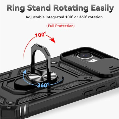 for iPhone 17E / iPhone 16E Case, with Camera Lens Cover HD Screen Protector, Dual Layer Military-Grade Drop Tested Magnetic Ring Holder Kickstand Protective Phone Case for iPhone 16E / 17E (Black) - color: Black with camera cover Military-Grade 2nd gen