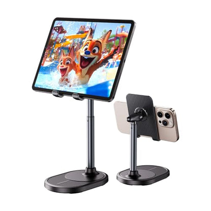 Phone Stand for Desk, Height Adjustable Desktop Phone Holder, 270°Angle Adjustable Tablet Stand with Weighted Base and Aluminum Alloy Support Rod for Phone and Tablet 4"-11" - color: Black