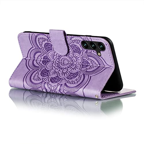 EYZUTAK Case for Samsung Galaxy A15 4G/5G, Premium Leather Magnetic Closure Flip Wallet Phone Case with Card Holder Cash Slot Stand Function Embossed Mandala Flower Shockproof Lanyard Cover - Purple - color: Purple, size: Samsung Galaxy A15 4G/5G