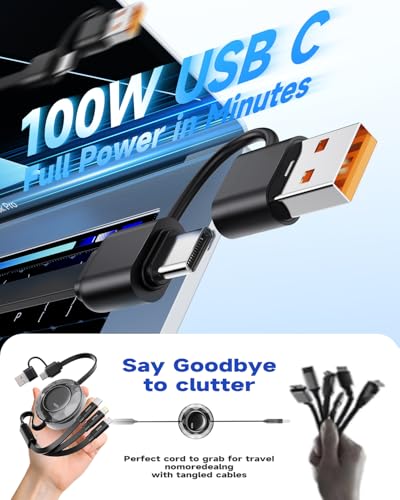Retractable 3 in 2 Multi Charging Cable 100W, iPhone 17 Retractable Charger Cable USB C iPhone 16 Fast Charger Cord for iPhone 17 16 15 14 /Samsung Galaxy S25/PS/MBook/Pad (4ft) Travel Essentials