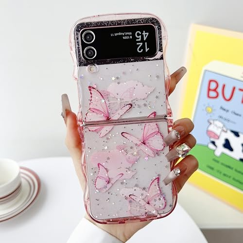 UEEBAI Wave Butterfly Case for Samsung Galaxy Z Flip 3/Z Flip 4 5G Case, Pretty Bling Star Butterfly Cute Shiny Glitter Phone Cover for Girls Bling Clear Cover Curly Shockproof Girly - Pink - color: Pink, size: Z Flip 3/Z Flip 4 5G