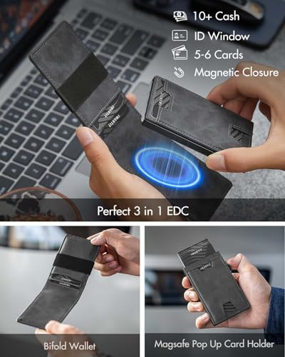 iwantit 3 in 1 Magsafe Wallet Men: Bifold Wallet + Magnetic Wallet for iPhone - Detachable Cash Strap, Smart Pop Up Card Holder, ID Window, Premium Leather (Classic Grey) - color: Classic Grey