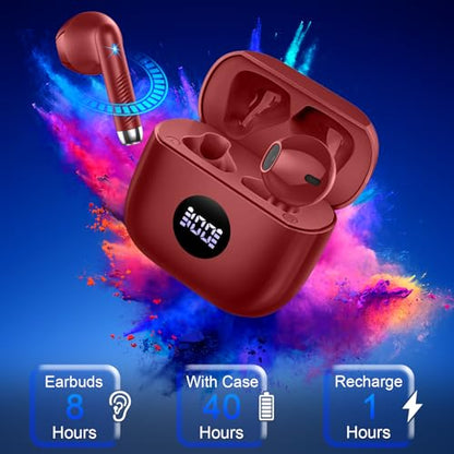 Jxrev Wireless Earbuds, Bluetooth Headphone 5.4, LED Power Display Ear Buds - color: peach Wine red