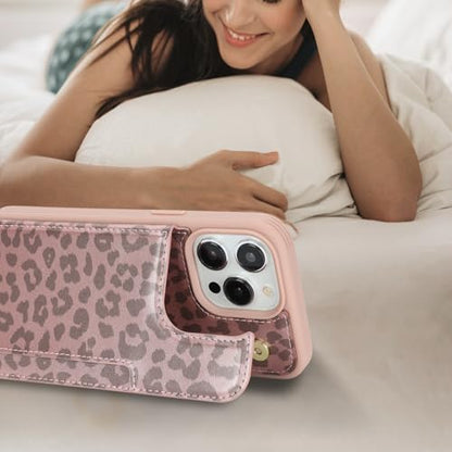 iCoverCase Compatible with iPhone 13 Pro Max Phone Case with Card Holder, Wallet Case for Women Men RFID Blocking PU Leather Protective Case 6.7 Inch (Rose Gold Leopard) - color: Rose Gold Leopard