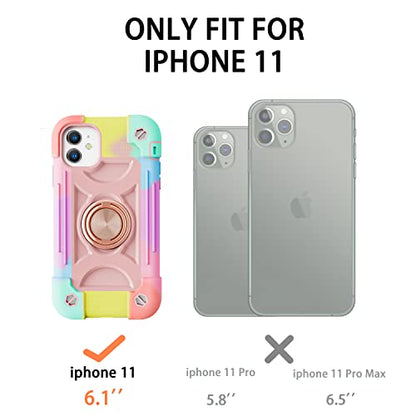 MARKILL Compatible with iPhone 11 Case 6.1 Inch with 360°Rotate Ring Stand, Military Grade Drop Protection Full Body Rugged Heavy Duty Case 3 in 1 Protective Cover - color: Rainbow Pink, size: iPhone 11 6.1"