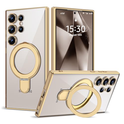 Compatible with Samsung Galaxy S24 Ultra Case with Magnetic Ring Stand [Compatible with Mag-Safe] Camera Lens Protector Plating Clear Phone Case for Galaxy S24 Ultra 6.8", Gold - color: Gold, size: Samsung Galaxy S24 Ultra